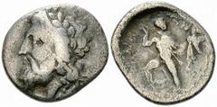 Ainianes AR Hemidrachm, hero Phemios reverse Ainianes, Thessaly. AR Hemidrachm (15-16 mm, 2.47 g), c. 360s-350s BC. Obv. Laureate head of Zeus left. Rev. AINIANΩN, the hero Phemios standing left and f