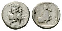 Trikka AR Hemidrachm, c. 425-400 BC Trikka, Thessaly. AR Hemidrachm (15 mm, 2.82 g), c. 425-400 BC. Obv. Youthful hero Thessalos restraining forepart of bull right by band held around its head. Rev. T