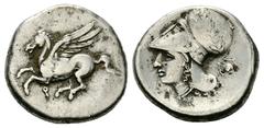 Corinth AR Stater, c. 330-300 BC Corinth, Corinthia. AR Stater (21 mm, 8.44 g), c. 330-300 BC. Obv. Pegasos flying left, Ϙ below. Rev. Head of Athena left, wearing laureate corinthian helmet; behind, 