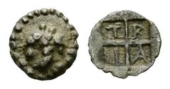 Tragilos AR Hemiobol, c. 450-400 BC Tragilos, Macedon. AR Hemiobol (7 mm, 0.16 g), c. 450-400 BC. Obv. Grape. Rev. Quadratum incusum, T-P-A-I. AMNG 2; SNG Cop. 447. Beautiful natural toning. Extremely