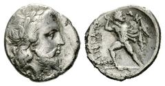 Ainianes AR Hemidrachm, ex BCD Ainianes, Thessaly. AR Hemidrachm (15-17 mm, 2.46 g), c. 360s-350s BC. Obv. Laureate head of Zeus right. Rev. AINIANΩN, the hero Phemios standing left and fighting right