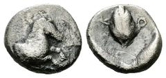 Skotussa AR Hemidrachm, c. 450-400 BC Skotussa, Thessaly. AR Hemidrachm (14-15 mm, 2.59 g), c. 450-400 BC. Obv. Forepart of horse right. Rev. ΣKO, grain ear; all within incuse square. BCD Thessaly 142