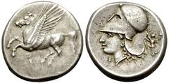 Corinth AR Stater, c. 330-300 BC Corinth, Corinthia. AR Stater (20-21 mm, 8.52 g), c. 330-300 BC. Obv. Pegasos flying left, ϙ below. Rev. Helmeted head of Athena left, I below chin; to right, Nike fly
