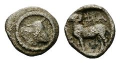 Pharkadon AR Hemiobol, late 4th Century Pharkadon, Thessaly. AR Hemiobol (8 mm, 0.34 g), c. late 4th to early 3rd Century BC. Obv. Head and neck of bull right. Rev. Ram standing left; ΦA above; all wi