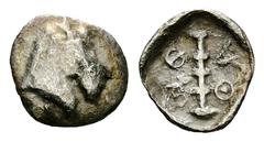 Thessalian League AR Hemiobol, c. 470-460 BC Thessalian League. AR Hemiobol (9 mm, 0.30 g), c. 470s-460s BC. Obv. Head and neck of horse right. Rev. ΘE-ΦA, club; all within incuse square. BCD Thessal