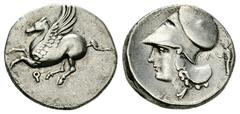 Corinth AR Stater, c. 300 BC Corinth, Corinthia. AR Stater, c. 300 BC. Obv. Pegasos flying left, Ϙ below. Rev. Head of Athena left, wearing corinthian helmet; behind, statue of Artemis with bow. Ravel
