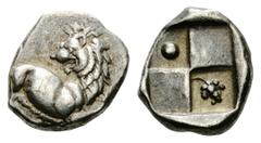 Chersonesos AR Hemidrachm Chersonesos, Thrace. AR Hemidrachm (13-14 mm, 2.28 g), c. 350-330 BC. Obv. Forepart of lion right, looking back, right foreleg raised. Rev. Quadripartite incuse, grape and pe