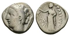 Pherai AR Hemidrachm, c. 302-286 BC Pherai, Thessaly. AR Hemidrachm (15 mm, 2.41 g), c. 302-286 BC. Obv. Head of Ennodia left, wearing laurel wreath, triple-pendant earring, and plain necklace; torch 