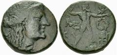 Messene Hemiobol, c. 180-150 BC, ex BCD Messene, Peloponnesos. AE Hemiobol or Hexachalkon (19 mm, 7.38 g), c. 180-150 BC. Obv. Diademed head of Demeter right. Rev. Zeus Ithomatas standing right, hurli