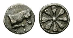 Kyme AR Hemiobol, 4th Century BC Kyme, Aeolis. AR Hemiobol (17 mm, 0.31 g). C. 4th Century BC. Obv. Forepart of horse right. Rev. Floral pattern. Klein 334; SNG Aulock 7692. Nicely toned. Good very fi