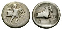 Trikka AR Hemidrachm, c. 425-400 BC Trikka, Thessaly. AR Hemidrachm (16 mm, 2.61 g), c. 450-400 BC. Obv. Youthful hero Thessalos restraining forepart of bull right by band held around its head. Rev. T