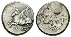 Corinth AR Stater, c. 300 BC Corinth, Corinthia. AR Stater (21 mm, 8.47), c. 300 BC. Obv. Pegasos flying left, Ϙ below. Rev. Head of Athena left, wearing laureate corinthian helmet; behind, Athena Pro