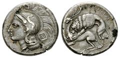 Velia plated AR Didrachm, c. 290-280/275 BC Velia, Lucania. AR Fourrée Didrachm (21 mm, 5.97 g), c. 290-280/275 BC. Obv. Head of Athena left, wearing crested attic helmet adorned with Pegasos; A above