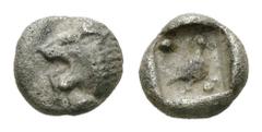 Caria, AR Tetartemorion, c. 420-390 BC Caria, incertum. Mylasa or Miletos (?). AR Tetartemorion (5 mm, 0.25 g), c. 420-390 BC. Obv. Forepart of Lion right. Rev. Bird within rectangular incuse, two dot