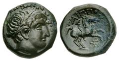 Philip II of Macedon AE 17 Kings of Macedon. Philip II (359-336 BC). AE 17 (6.31 g). Obv. Head of Apollo right, wearing tainia. Rev. ΦΙΛΙΠΠΟΥ, Youth on horseback right, monogram below. SNG ANS 854 ff.