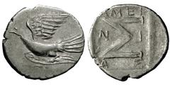Sicyon Triobol, ex BCD, rare Sicyon, Sicyonia. AR Triobol (15-16.5 mm, 2.04 g), c. 90s-60s BC. Obv. Dove flying left. Rev. Large Σ, AMEINIAΣ around. BMC -, Warren 1984, 229. Rare. Nicely toned. Nice v