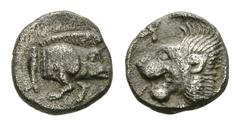 Kyzikos AR Hemiobol, c. 525-475 BC Kyzikos, Mysia. AR Hemiobol (7 mm, 0.36 g), c. 525-475 BC. Obv. Forepart of boar right. Rev. Forepart of lion left, K in field. SNG BN 385. Darkly toned. Good very f