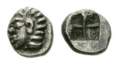 Phokaia AR Tetartemorion, late 6th Century BC Phokaia, Ionia. AR Tetartemorion (4-5 mm, 0.16 g), late 6th Century BC. Obv. Archaic female head left. Rev. Incuse square punch. SNG Kayhan 522; SNG Cop. 