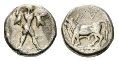 Sybaris AR Diobol, after 440 BC Sybaris, Lucania. AR Diobol (10 mm, 1.30 g), after 400 BC. Obv. Poseidon Walking right with trident. Rev. Bull standing left, MV above. SNG ANS 869. Very rare. Very fin