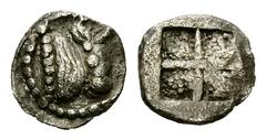 Akanthos AR Hemiobol, c. 490-480 BC Akanthos, Macedon. AR Hemiobol (7-8 mm, 0.31 g), c. 490-480 BC. Obv. Head of bull right. Rev. Quadripartite incuse square. SNG Ashmolean 2221; SNG Lockett 1291. Nic