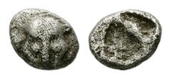 Thraco-macedonian tribes, AR Hemiobol Thraco-macedonian Tribes. AR Hemiobol (5-6 mm, 0.28 g), c. 5th Century BC. Obv. Facing head of panther. Rev. Irregular incuse. Tzamalis 56. Very fine.