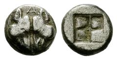Lesbos BI Diobol, c. 500-480 BC Lesbos, uncertain mint. BI Diobol (9 mm, 1.18 g), c. 500-480 BC. Obv. Confronted calves' heads; A above. Rev. Quadripartite incuse square. Klein KM 348; Rosen 543. Nice