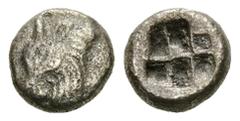 Lesbos AR Diobol, c. 500-450 BC Lesbos (?). AR Diobol (9 mm, 0.99 g), c. 500-450 BC. Obv. Head of calf left. Rev. Quadripartite incuse. BMC 50 var. (head right). Rare. Worn obverse die. About very fin