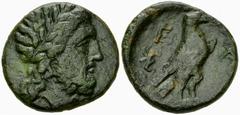 Olympia AE Unit, ex BCD Olympia, Elis. AE Unit (19 mm, 4.32 g), c. late 4th to early 3rd Century BC. Obv. Laureate head of Zeus right. Rev. F A, eagle standing right with closed wings; behind, monogra