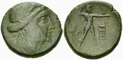 Messene Hemiobol, c. 180-150 BC, ex BCD and Rhousopolus Messene, Peloponnesos. AE Hemiobol or Hexachalkon (21 mm, 7.78 g), c. 180-150 BC. Obv. Diademed head of Demeter right. Rev. Zeus Ithomatas stand