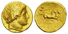 Philip II AV Stater, Pella mint Kings of Macedon. Philip II (359-336 BC). AV Stater (19 mm, 8.57 g), Pella mint., c. 323-315 BC. Obv. Laureate head of Apollo right. Rev. Charioteer driving biga right;