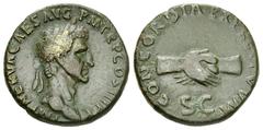 Nerva As, clasped hands reverse, RIC II 79 Nerva (96-98 AD). AE As (26 mm, 12.36 g), Roma (Rome), 97 AD. Obv. IMP NERVA CAES AVG P M TR P COS III P P, laureate head right. Rev. CONCORDIA EXERCITVVM, c