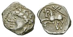 Allobroges AR Drachm, Cn. P. Voluntilus Allobroges, Southeast Gaul. Cn. Pompeius Voluntilus. AR Drachm (14-15 mm, 2.33 g), c. 85-75 BC. Obv. Laureate head left. Rev. Horse prancing left; "Kerykeion" a