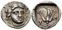 Rhodos AR Didrachm, c. 340-316 BC Rhodos, island off Caria. AR Didrachm (20 mm, 7.21 g), c. 340-316 BC. Obv. Head of Helios facing slightly right. Rev. Rose with bud right; above, ΡOΔION; to left, bun