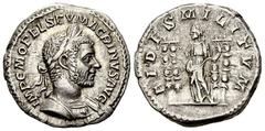 Macrinus AR Denarius, Fides reverse Macrinus (217-218 AD). AR Denarius (18 mm, 3.25 g), Roma (Rome). Obv. IMP C M OPEL SEV MACRINVS AVG, laureate and cuirassed bust right. Rev. FIDES MILITVM, Fides st