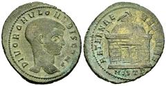 Divus Romulus AE Follis, RIC VI Ostia 34 Divus Romulus. AE silvered Follis (25-27 mm, 5.75 g), Ostia, 309-312 AD. Obv. DIVO ROMVLO N V BIS CONS, bare head right. Rev. AETERNAE MEMORIAE, domed shrine w