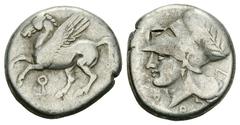 Corinth AR Stater, c. 300 BC Corinth, Corinthia. AR Stater (20 mm, 8.32 g), c. 300 BC. Obv. Pegasos flying left, Ϙ below. Rev. Head of Athena left, wearing laureate corinthian helmet; behind, uncertai