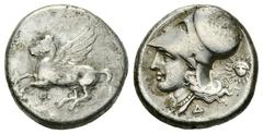 Corinth AR Stater, c. 300 BC Corinth, Corinthia. AR Stater (20 mm, 8.35 g), c. 300 BC. Obv. Pegasos flying left, Ϙ below. Rev. Head of Athena left, wearing corinthian helmet; behind, Helios facing, an