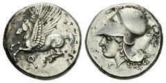 Corinth AR Stater, c. 300 BC Corinth, Corinthia. AR Stater (20-21 mm, 8.58 g), c. 300 BC. Obv. Pegasos flying left, Ϙ below. Rev. Head of Athena left, wearing corinthian helmet; behind, thyrsos, below