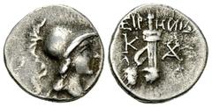 Kaunos AR Hemidrachm, c. 166-100 BC Kaunos, Caria. AR Hemidrachm (12 mm, 1.28 g), c. 166-100 BC. Obv. Head of Athena right, wearing crested Corinthian helmet. Rev. Sword in sheath with strap between K