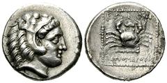 Kos AR Didrachm, c. 300-190 BC Kos, island off Caria. AR Didrachm (20 mm, 6.65 g), c. 300-190 BC. Obv. Head of Herakles right, wearing lion's skin. Rev. Crab above club; KΩIΩN above, magistrate name Ξ