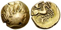 Bituriges AV Stater Celtic Gaul. Bituriges. AV Stater (17 mm, 6.88 g), c. 2nd Century BC. Obv. Celticized laureate head right. Rev. Two horses galloping right, Victory above, bird below. Delestrée/Tac