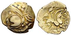 Aulerci Eburovices AV 1/2 Stater Celtic Gaul. Aulerci Eburovices. AV 1/2 Stater (18 mm, 2.62 g), c. 2nd Century BC. Obv. Celticized male head left, neck terminating in boar. Rev. Charioteer to right, 