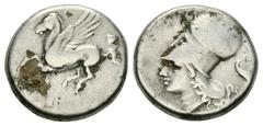 Corinth AR Stater, c. 300 BC Corinth, Corinthia. AR Stater (20 mm, 8.46 g), c. 300 BC. Obv. Pegasos flying left, Ϙ below. Rev. Head of Athena left, wearing laureate corinthian helmet; behind, eagle. R