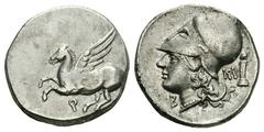 Corinth AR Stater, c. 300 BC Corinth, Corinthia. AR Stater (21-22 mm, 8.37 g), c. 300 BC. Obv. Pegasos flying left, Ϙ below. Rev. Head of Athena left, wearing corinthian helmet; behind, herm and monog
