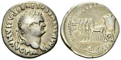 Titus AR Denarius, quadriga reverse Titus (79-81 AD). AR Denarius (18 mm, 3.13 g), Roma (Rome), 79 AD. Obv. IMP TITVS CAES VESPASIAN AVG P M, laureate head right. Rev: TR P VIIII IMP XIIII COS VII P P