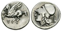 Corinth AR Stater, c. 300 BC Corinth, Corinthia. AR Stater (20-21 mm, 8.16 g), c. 300 BC. Obv. Pegasos flying left, Ϙ below. Rev. Head of Athena left, wearing corinthian helmet; behind, herm and monog