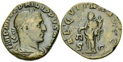 Philippus I AE Sestertius Philippus I Arabs (244-249 AD). AE Sestertius (27 mm, 18.90 g), Roma (Rome). Obv. IMP M IVL PHILIPPVS AVG, Laureate, draped and cuirassed bust right. Rev. AEQVITAS AVGG / S -