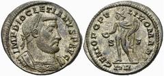 Diocletianus Follis, Genius reverse Diocletianus (284-305 AD). AE Follis (27-29 mm, 9.6 g), Treveri (Trier) mint, c. 302-303 AD. Obv. IMP DIOCLETIANVS P AVG, Laureate and cuirassed bust right. Rev. GE
