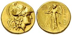 Alexander the Great AV Stater, Ake mint Kings of Macedon. Alexander III "the Great" (336-323 BC). AV Stater (8.55 g), year 34 (312/311 (?) BC), Ake mint. Posthumous issue. Obv. Head of Athena wearing 