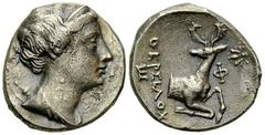 Ephesos AR Didrachm, c. 245-202 BC Ephesus, Ionia. AR Didrachm (20 mm, 6.34 g), magistrate Thersilochos, c. 245-202 BC. Obv. Draped bust of Artemis right, wearing stephane; bow and quiver over shoulde